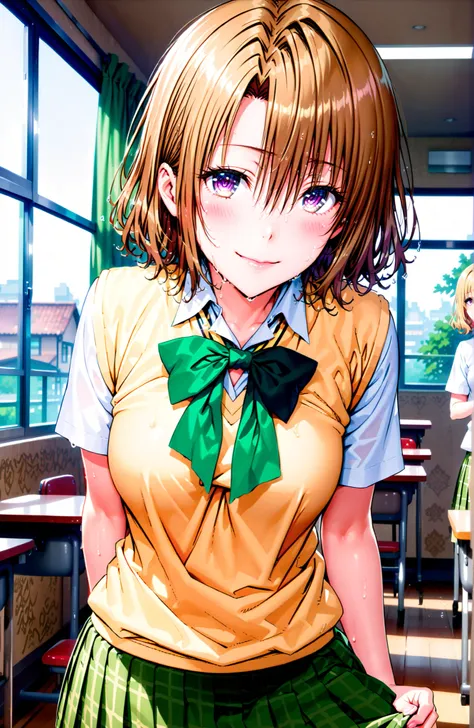 score_9, score_8_up, score_7_up, source_anime,Risa Momioka, short hair,Blonde Hair, wavy hair with a graceful expression, Split Bangs, PURPLE EYES,
green skirt for ears, plaid, plaid skirt for ears, sainan high uniform, uniform, skirt for ears, black, Shor...