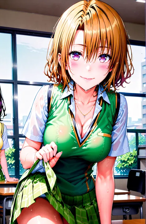 score_9, score_8_up, score_7_up, source_anime,Risa Momioka, short hair,Blonde Hair, wavy hair with a graceful expression, Split Bangs, PURPLE EYES,Medium breast,cleavage,
green skirt for ears, plaid, plaid skirt for ears, sainan high uniform, uniform, skir...
