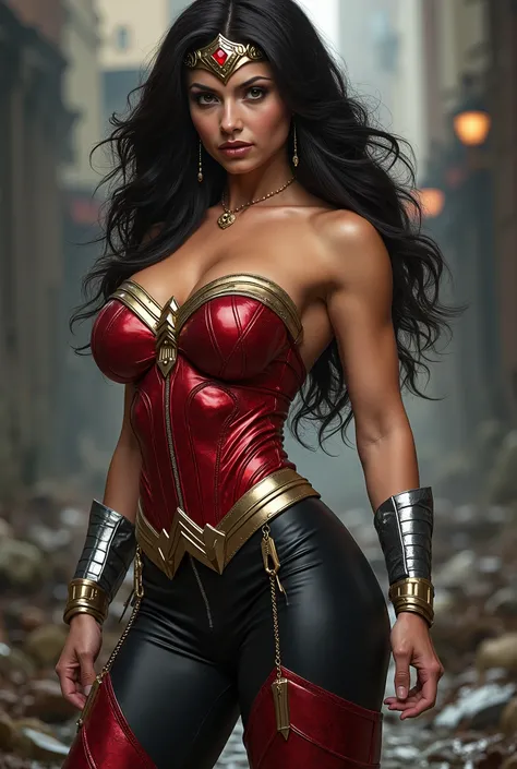 full nody A beautiful woman   Wonder Woman , with long black hair ,  red corset and black leather pants leather boots , red knee-high boots , Wonder Woman's diadem on her forehead .
