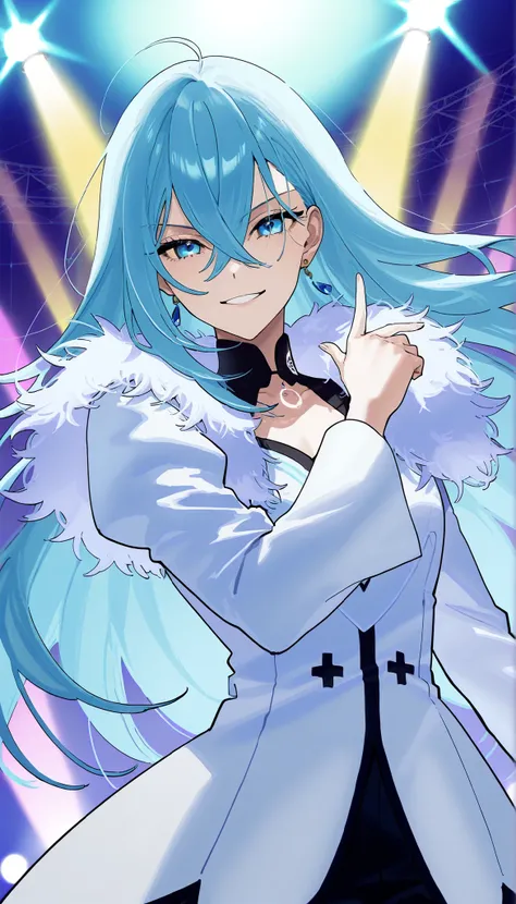 score_9,score_8_up,score_7_up,1girl,solo,vivydiva,serene expression,portrait,white symbol on neck,jewelry,earrings,dynamic angle, idol pose, smile, vivy fluorite eye's song, light blue hair, stage background with light mist and stage lights, cowboy shot