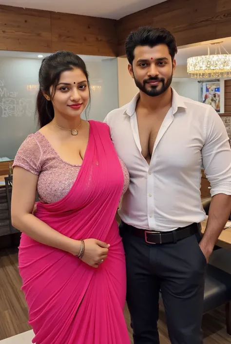Indian couple in restaurant a black skin bodybuilder rugged man and a sexy white skin woman, tall woman with fat thick curvy mom body physique, woman with a small black dot bindhi and red sindoor, woman with black ponytail hair, woman wearing desi rose color glittered chiffon transparent blouse (big breast cleavage) and rose color chiffon saree, woman looking at camera, close-up view, woman standing with a muscular dark black skin rugged man wearing tucked shirt(unbuttoned) and formal pants(with belt), man with muscular body and black hairstyle and beard, woman showing her side big ass looking at camera, 