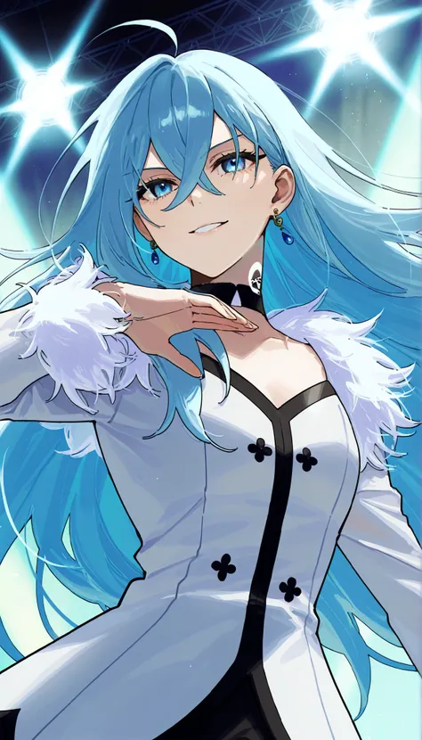 score_9,score_8_up,score_7_up,1girl,solo,vivydiva,serene expression,portrait,white symbol on neck,jewelry,earrings,dynamic angle, idol pose, gentle smile, vivy fluorite eye's song, light blue hair, stage background with light mist and stage lights, cowboy ...