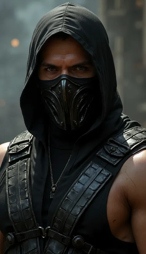 Create a hyper-realistic image of Channing Tatum characterized as Noob Saibot from Mortal Kombat. He must be wearing the classic black armor and mask that are characteristics of the character, with dark details and textures that highlight the mysterious an...