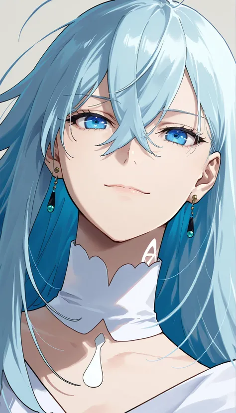 score_9,score_8_up,score_7_up,1girl,solo,vivydiva,serene expression,portrait,white symbol on neck,jewelry,earrings,dynamic angle, model pose, gentle smile, vivy fluorite eye's song, light blue hair, dim background, delicate details, (full body portrait)