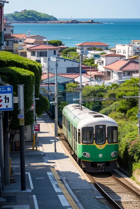 The Alafly Green Train stops at the station next to the sea, Japan Shonan Enoshima, Kamakura scenery, Kamakura period,  photo taken using Sony A7R , shot with Sony α7R camera, sakimichan hdri, Train in the background, Summer Station, 4 0 9 6, Street car, 6 4 0