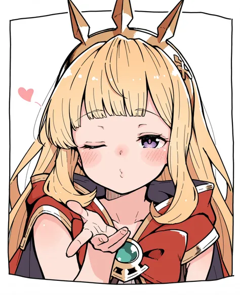 by megateru, (by wagashi (dagashiya)), 1girl, solo, cagliostro (granblue fantasy), blonde hair, long hair, sidelocks, blunt bangs, purple eyes, gold hairband, sleeveless shirt, vest, red cape, puckered lips, blowing kiss, wink, portrait, blush, cute, white...