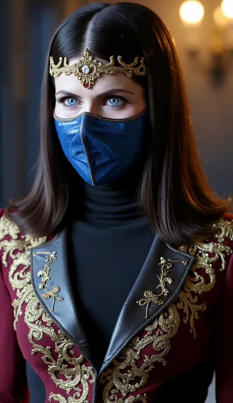 A hyper-realistic image of  (  mortal kombat) vestida Like a queen  . Her costume is opulent and detailed, with rich fabrics  , jewelry and precious metals. The metallic blue mask covers your face, displaying intricate details and realistic reflections. fl...
