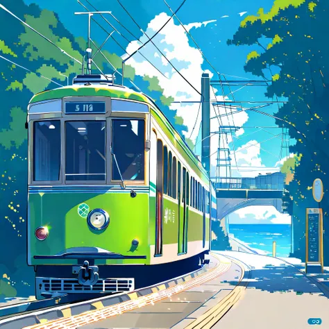 The green and beige streetcar number 1051 is coming into the coastal station platform, the sunlight shines in bright colors. the sky is clear and bright blue, dotted with soft,  Faint Clouds , making the picturesque scenery even more beautiful. road running parallel to the station, You can see the ocean on the left,aspects that add a refreshing atmosphere to the urban environment. The sky is clear and bright blue in the background、You can see an island with an elegant lighthouse towering elegantly small. you can catch a glimpse of everyday life in a scenic environment.