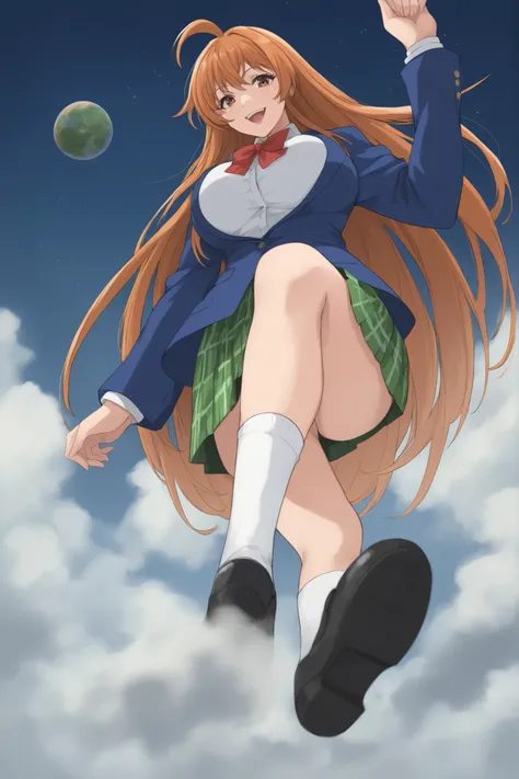 best quality,masterpiece,looking at viewer,absurdres,1girl,score_9,score_8_up,score_7_up,source_anime BREAK natsume aya,orange hair,long hair,brown eyes,ahoge,breasts,white ,skirt,bow,plaid,large breasts,jacket, plaid, green plaid skirt, blue blazer, evil...