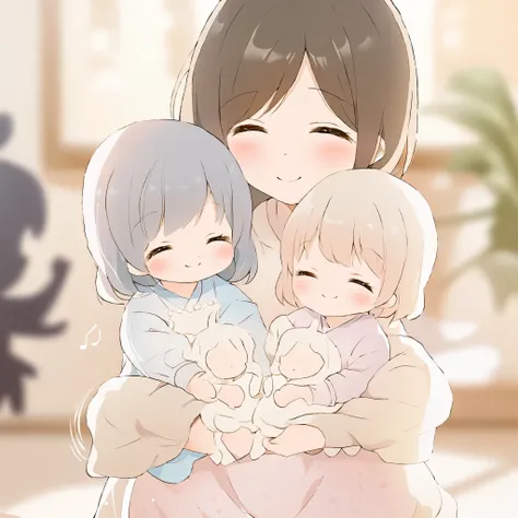 Illustration with a gentle touch、Mom is holding a small 、pale pastel color、smile、The background is simple white or light beige、gentle light、Atmosphere that feels warm、Deformed silhouette style、Soft lines rather than fine lines、Composition that feels the lo...