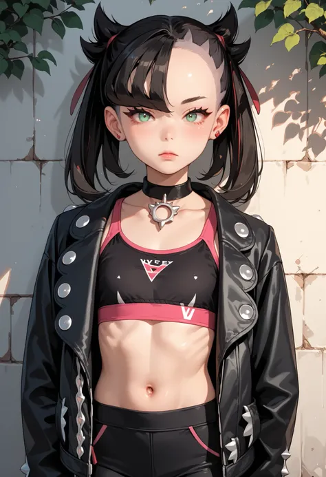 Score_9, score_8_up, score_7_up, score_6_up, source_anime, rating:general, 1girl, Marnie, black hair, twintails, dark green eyes, perfect face, pale white skin, flat chest, black jacket, cropped sports bra, black leggings , slender build, slender legs, cut...