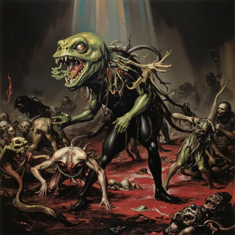 Sci fi weirdcore, horror, creep style, Different Alien lifeforms are floating through a highly advanced and technologically sophisticated pool of different chemicals that life is striving in. In a hyper-futuristic aesthetic, set against a backdrop of unusu...