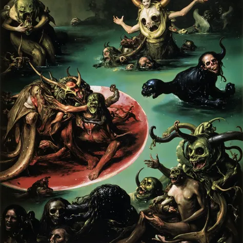 Sci fi weirdcore, horror, creep style, Different Alien lifeforms are floating through a highly advanced and technologically sophisticated pool of different chemicals that life is striving in. In a hyper-futuristic aesthetic, set against a backdrop of unusu...