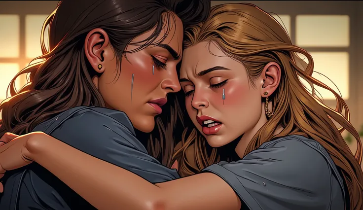 A 32 year old woman crying and hugging a girl, they are very yearning. the woman has choron long straight hair and the girl has blonde hair. 4k camera. Professional background blur. Chromatic aberration at the edges of the image. make the image into a com...