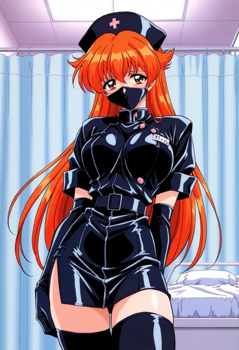 Score_9, score_8_up, score_7_up, source_anime, Nogiwa_Miho_OVA, solo, long hair, orange hair, bangs, brown eyes, large breasts, 1990s (style), enamel leather dark nurse, latex dress, black latex elbow gloves, black latex legwear, latex, latex skirt, (best ...