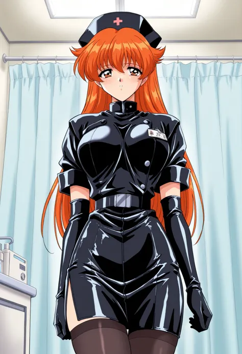 Score_9, score_8_up, score_7_up, source_anime, Nogiwa_Miho_OVA, solo, long hair, orange hair, bangs, brown eyes, large breasts, 1990s (style), enamel leather dark nurse, latex dress, black latex elbow gloves, black latex legwear, latex, latex skirt, (best ...