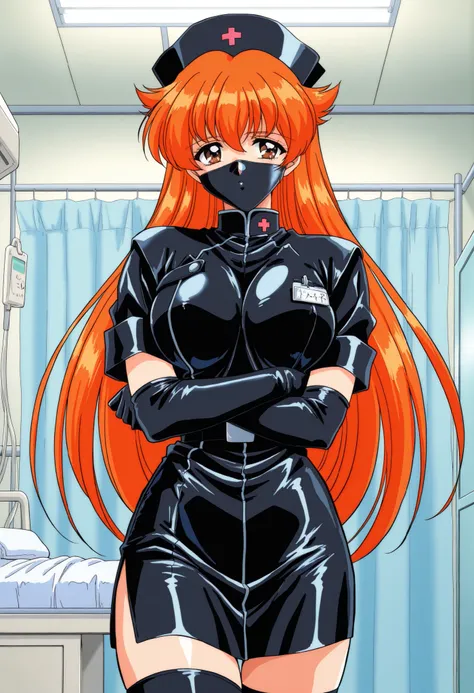 Score_9, score_8_up, score_7_up, source_anime, Nogiwa_Miho_OVA, solo, long hair, orange hair, bangs, brown eyes, large breasts, 1990s (style), enamel leather dark nurse, latex dress, black latex elbow gloves, black latex legwear, latex, latex skirt, (best ...