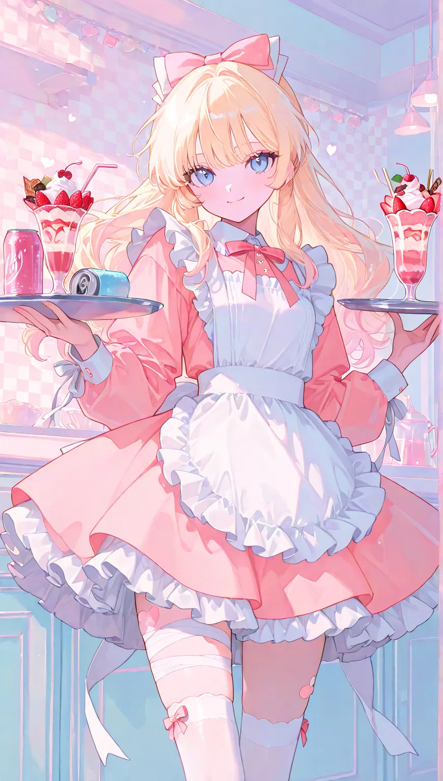 illustration, best quality, dramatic lighting,r17329_illu,usnr,masterpiece, best quality, 8k, highres, ultra-detailed,HDR, UHD, illustration, best quality, pop art,
,1girl, long blonde hair, blue eyes, hair bow, cute maid outfit, frilly dress, apron, thigh-high socks, ribbons, holding drink, soda can, heart-shaped straw, holding tray, parfait, whipped cream, pastel colors, candy-themed accessories, bandage on thigh, cheerful expression, indoors, checkered wallpaper, soft lighting, kawaii aesthetic