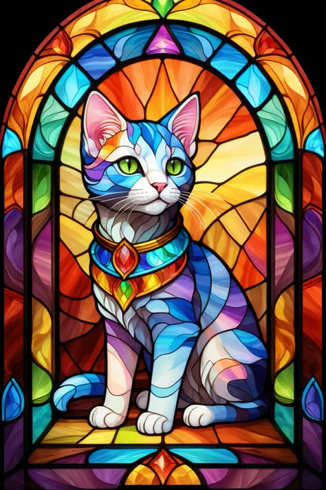 cute cat,full body, Rainbow Color , 2D Stained Glass Window, stained glass styleの窓枠 . dungeons&Dragon Art . symmetrical design , stained glass style, pastel color scheme, nothing, Highest Quality, Highly detailed ,