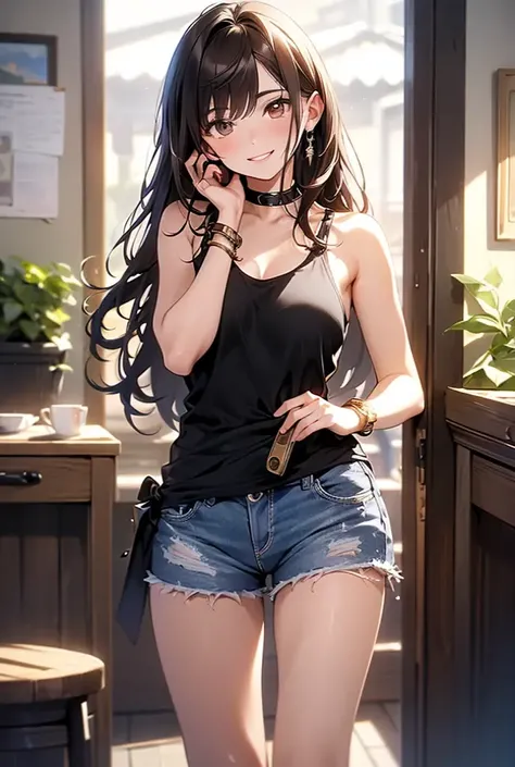 generates an image of a woman, MILF with long black hair, squatting in the front, nude,In a transparent robe with a face of pleasure, Ahegao,  big breasts and big hips , small waist, completamente nude,  showing vagina, realistic style