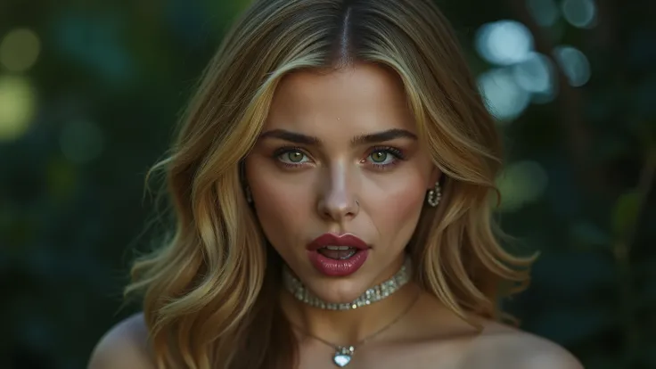 Ultra-realistic full body cinematic portrait of a beautiful woman with glowing emerald eyes, slightly elongated fangs, soft pink skin, subtle blood-red lip tint, and long wavy golden hair. Moonlight softly illuminating her face, majestic background, wearin...