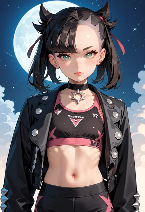 Score_9, score_8_up, score_7_up, score_6_up, source_anime, rating:general, 1girl, Marnie, black hair, twintails, dark green eyes, perfect face, pale white skin, flat chest, black jacket, cropped sports bra, black leggings , slender build, slender legs, cut...