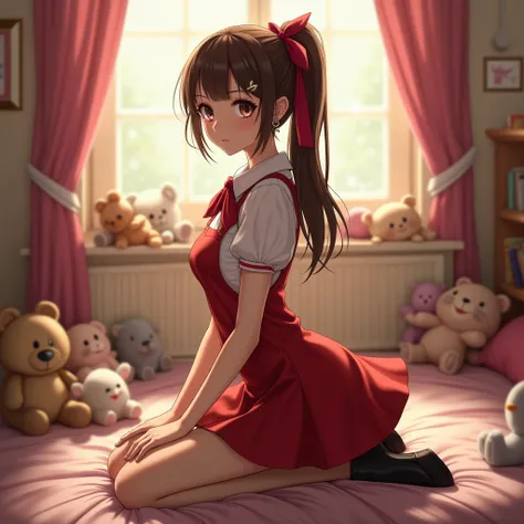 1girl, 20 yo, Solo, High Resolution, looking at viewer, Bangs, Hair Bow, Masterpiece, High Resolution, Anatomically Correct, Detail, High Details, High Quality, Hoop Earrings,  Hair Clip, Backlighting, Bloom, Cinematic Lighting, God Rays,  High Waisted red...