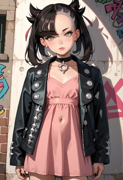 Score_9, score_8_up, score_7_up, score_6_up, source_anime, rating:general, 1girl, Marnie, black hair, twintails, dark green eyes, perfect face, pale white skin, flat chest, black jacket, short pink dress , slender build, slender legs, cute belly button, di...