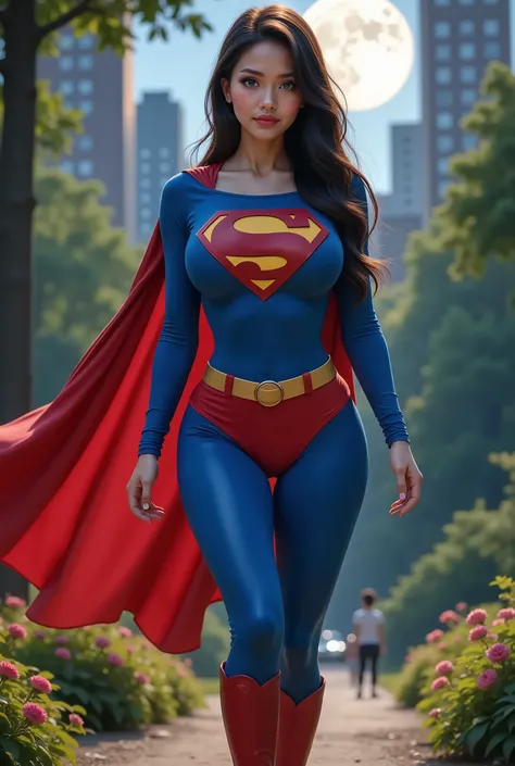 (ASTRONOMICALLY enlarged ROUND  bossom) .A tall, slim, beautiful young asian woman with 3d anime blue eyes strolls through Central Park beneath a moonlit sky. Her long black hair flows like silk down her back, hips swaying gently with each step.  

 she we...