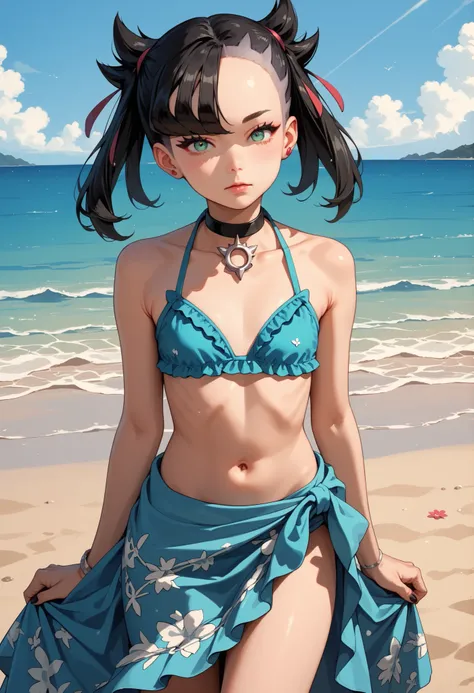 Score_9, score_8_up, score_7_up, score_6_up, source_anime, rating:general, 1girl, Marnie, black hair, twintails, dark green eyes, perfect face, pale white skin, flat chest, hair flower, foral frilly bikini, sarong slender build, slender legs, cute belly bu...