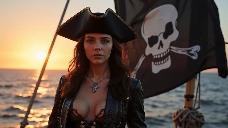 at dawn, a huge black pirate flag, decorated with a bright skull, flotte majestueusement dans une brise marine. A female pirate, mine et élancée avec des cheveux noirs, stands proudly on the deck of a ship, son regard déterminé captivant tous les regards. ...