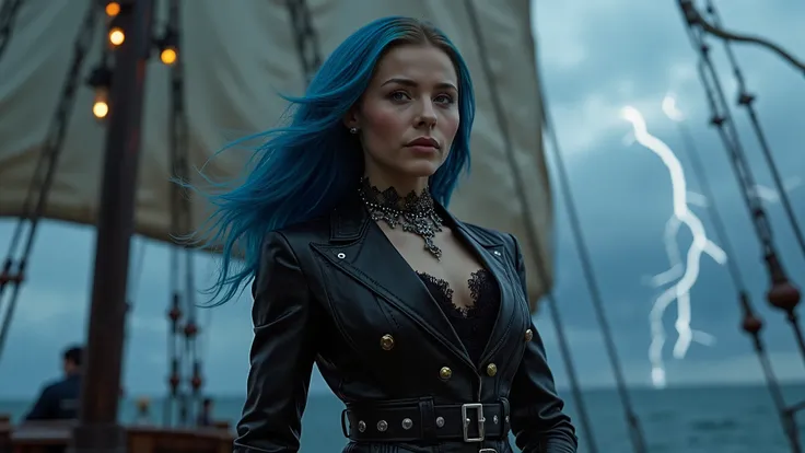 A stunningly fashionable woman commands the deck of her ship, seamlessly merging elements of fantasy and realism in her striking pirate-inspired ensemble. Her silhouette is elegantly proportioned, exuding confidence and allure in her fitted black leather c...