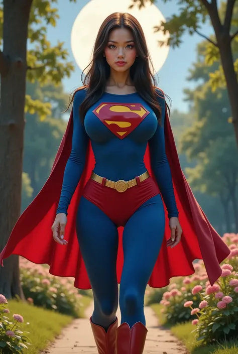 (ASTRONOMICALLY enlarged ROUND  bossom) .A tall, slim, beautiful young asian woman with 3d anime blue eyes strolls through Central Park beneath a moonlit sky. Her long black hair flows like silk down her back, hips swaying gently with each step.  

 she we...