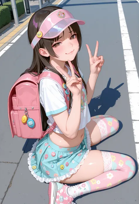 kuramoto china, looking at viewer, solo, sexy woman with huge and thighs , Fat body,thighhighs, full body , from behind , extreme high angle, in the middle of a busy street, Navel-baring look, jyojifuku, print clothes,pastel color clothes, tight shirt, t...
