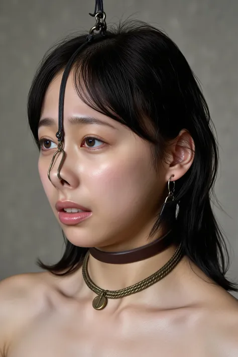 A high resolution photograph of a Japanese young woman, masterpiece, photo-realistic, natural lighting, film grain, portrait, fashion shoot, solo, 1girl, off-shoulder strapless dress, black hair with bangs, detailed face, detailed eyes, sophisticated nose,...