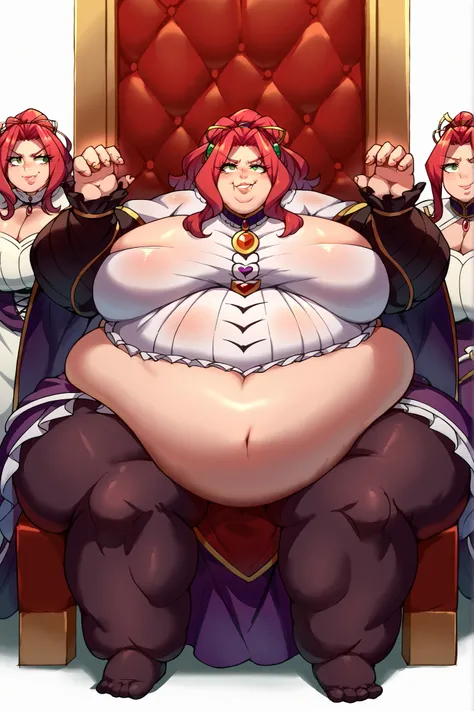 Fat_neck , Fat head , eyes with crushed cheeks , nose with crushed cheeks , mouth with crushed cheeks , chin roll, score_9, score_8_up, score_7_up, source_anime, malty melromarc, long hair, green eyes, red hair, parted bangs, ponytail, long sleeves, dress,...