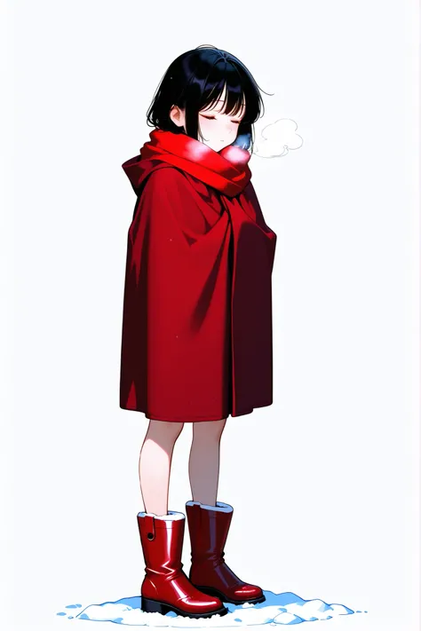 Short girl, short black hair, red cloth and red short, red boot's, standing still, cold looking, solid white background