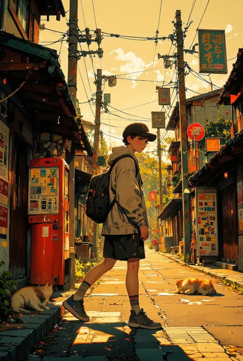 Side view of a elementary boy walking along a narrow street in a small Japanese countryside town during the late Showa era, around the 1980s. He is wearing casual retro-style clothing — a slightly oversized light gray hoodie, faded knee-length shorts, and ...