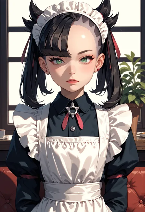 Score_9, score_8_up, score_7_up, score_6_up, source_anime, rating:general, 1girl, Marnie, black hair, twintails, dark green eyes, perfect face, pale white skin, flat chest, maid headdress, tadeonal maids outfit, slender build, slender legs, maid cafe, dust...