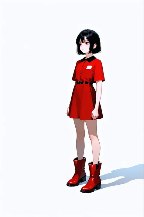 Short girl, red mini shirt, red short, red boot's, black short hair, cold looking eyes, standing still, looking at, solid white background, solid clear white floor