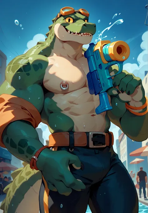 Best Quality,High Quality,Ultra High Resolution,Delicate Eyes, Exquisite Face ,splash water節,Crocodile, green skin ,Exquisite scale,ZHANG ZUI-CHUI,Brilliant smile,(Toy Water Gun),squirt,Water Drop,Sweat,City Street,Land,大家splash water,(splash water),Orange...
