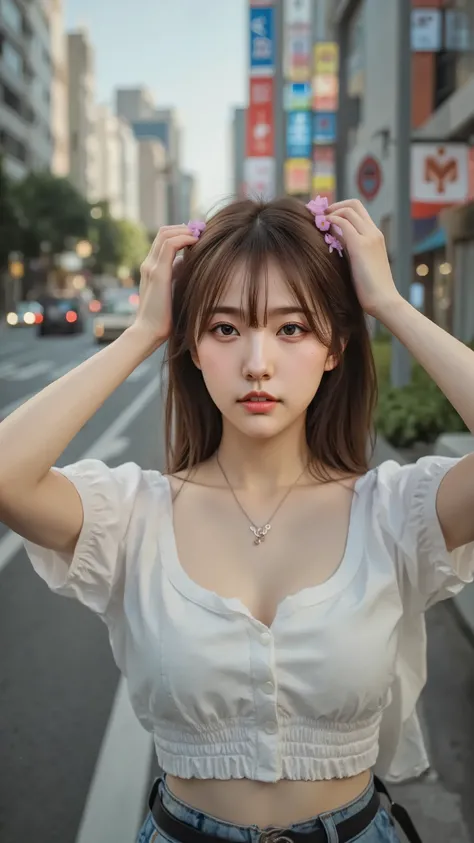 masterpiece, best image quality,Photorealistic,8k original photo,Midjourney style,, high resolution, Wide angle photo, A pretty Korean girl standing in downtown Tokyo. There are cinematic lights and the girl is putting flowers on her head.. A colorful pap...