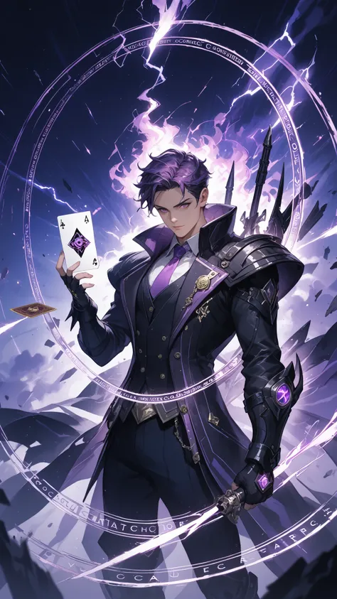 anime game card design, mysterious dark figure, glowing purple aura, silhouette style character, chaotic magical energy bursts, dimensional cracks in background, shadows and violet smoke, intense power surge effect, glowing purple eyes, enchanted weapon or...