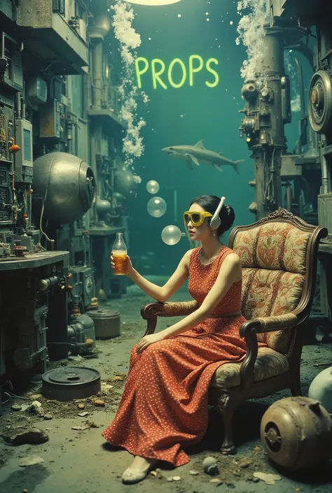 "A surreal underwater scene featuring a young asian, seated in a Rotten vintage armchair, wearing a flowing red and white big dot dress,with word (((PROPS:1.37))) in green. She is wearing snorkeling goggles, bubble from snorkeling goggles pipe, and drink b...