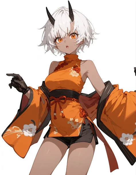 ,Dark skin,In the orange eyes,short hair, tomboy,cute,medium breasts,Black Glove,Lace gloves, stocking arm,Orange kimono,Turtleneck Chinese Dress,shorts,Slim legs,medium breasts, black-horned,serious page,white hair,white background,is standing,Long Sleeve...