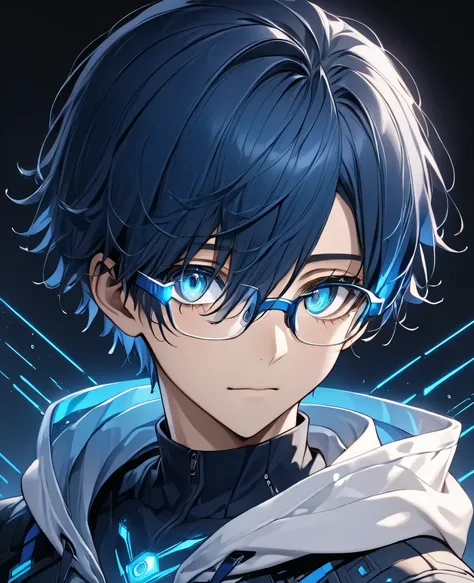 cybernetical eye, android young man, eye trail, Eyes that shine blue, blue afterglow in the eyes, blue hair , cute boy , glasses