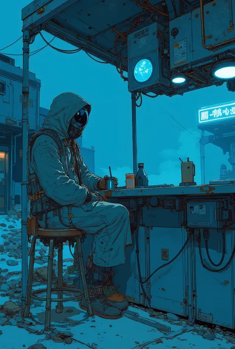 cyberpunk dystopian world, dominant blue color tone, outdoor bar partially visible, not fully shown in frame, viewed from the side, (bar made of scrap metal and salvaged tech components, weathered and rusted), ambient fog and broken rubble scattered around...