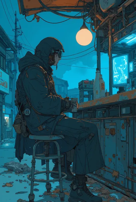 cyberpunk dystopian world, dominant blue color tone, outdoor bar partially visible, not fully shown in frame, viewed from the side, (bar made of scrap metal and salvaged tech components, weathered and rusted), ambient fog and broken rubble scattered around...