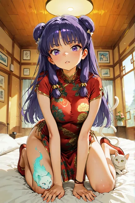 (Alone:1.3),1 girl\(Shampoo, Anime Character\(ranma1/2\),beautiful,sexy, long hair, looking at the spectator , blows, simple bottom, hair accessory, white bottom, dress, purple eyes, full body , purple hair, sideburns, hair bun, Campaign, double bun, ...
