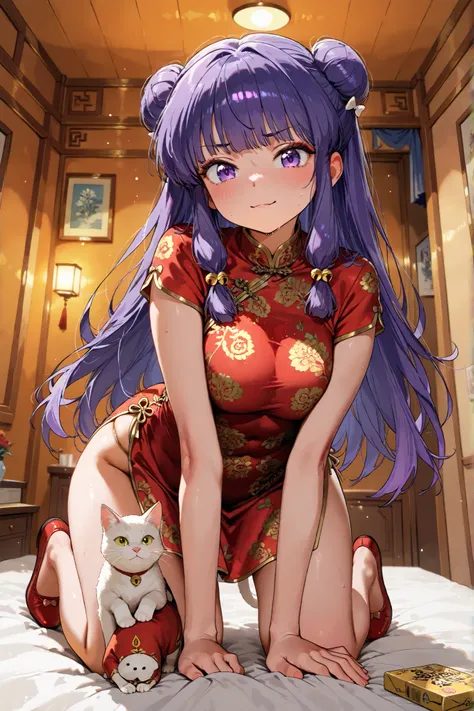 (Alone:1.3),1 girl\(Shampoo, Anime Character\(ranma1/2\),beautiful,sexy, long hair, looking at the spectator , blows, simple bottom, hair accessory, white bottom, dress, purple eyes, full body , purple hair, sideburns, hair bun, Campaign, double bun, ...